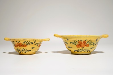 Twee Delftse papkommen met gele fondkleur, 18e eeuw