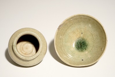 A Chinese celadon-glazed tripod censer and a small bowl, prob. Yuan/Ming