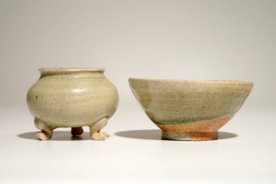 A Chinese celadon-glazed tripod censer and a small bowl, prob. Yuan/Ming