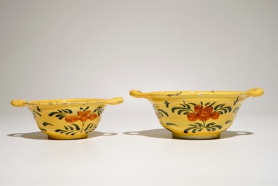 Two Dutch Delft yellow ground porringers, 18th C.