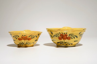 Two Dutch Delft yellow ground porringers, 18th C.