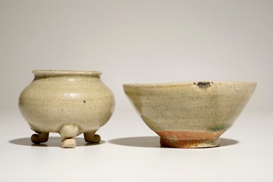 A Chinese celadon-glazed tripod censer and a small bowl, prob. Yuan/Ming