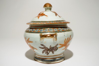 A Chinese Canton iron-red &quot;goldfish&quot; tureen, 19th C.