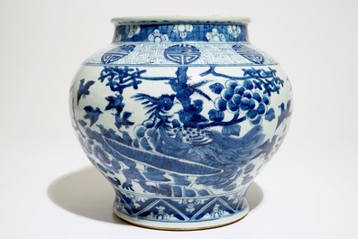 A Chinese blue and white baluster-shaped &quot;phenix&quot; jar with shou symbols, 19th C.