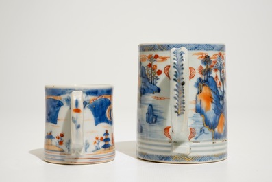 Deux chopes en porcelaine de Chine Imari &agrave; d&eacute;cor de paysages, Qianlong