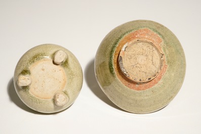 A Chinese celadon-glazed tripod censer and a small bowl, prob. Yuan/Ming