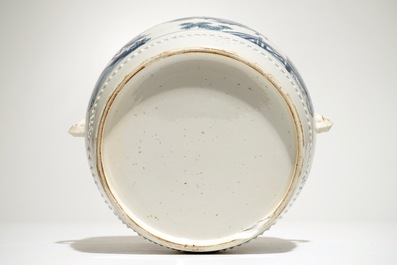 A Chinese blue and white two-handled cylindrical jar, Kangxi