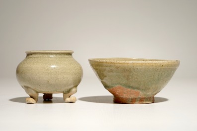 A Chinese celadon-glazed tripod censer and a small bowl, prob. Yuan/Ming