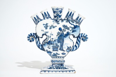 A Dutch Delft blue and white heart-shaped tulip vase with chinoiserie scenes, late 17th C.