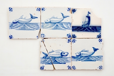 A set of 47 Dutch Delft blue and white seacreature tiles, Pulinckx workshop, Bruges, 18th C.