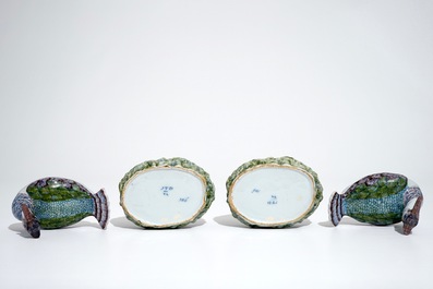 A pair of polychrome Dutch Delft butter tubs shaped as plovers, 18th C.