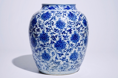 A Chinese blue and white lotus scroll vase, Ming, Wanli