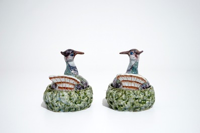 A pair of polychrome Dutch Delft butter tubs shaped as plovers, 18th C.
