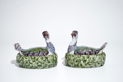 A pair of polychrome Dutch Delft butter tubs shaped as plovers, 18th C.