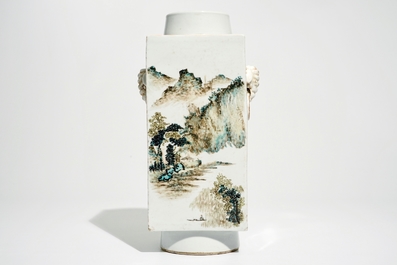 A Chinese square qianjiang cai vase with landscape designs, 20th C.