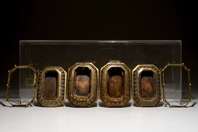 A pair of Chinese gilt bronze and cloisonne elephants on stands, 19th C.