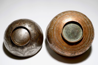 Two Persian engraved tinned copper bowls, prob. Iran, 18th C.