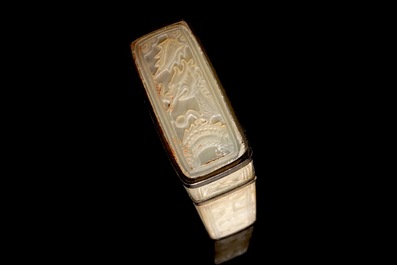 A Chinese mother of pearl cigarette box with relief design, 19th C.