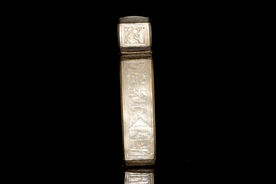 A Chinese mother of pearl cigarette box with relief design, 19th C.