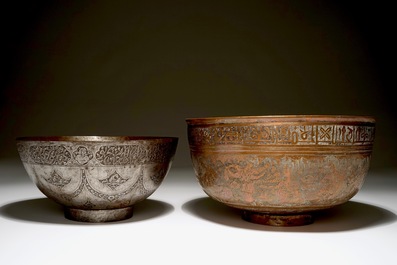 Two Persian engraved tinned copper bowls, prob. Iran, 18th C.