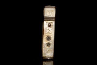 A Chinese mother of pearl cigarette box with relief design, 19th C.