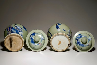 Une paire de vases couverts en porcelaine de Chine &agrave; fond c&eacute;ladon, Kangxi