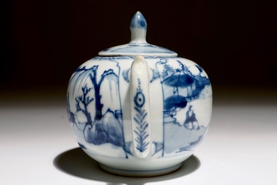 A Chinese blue and white teapot with a sage on a donkey, Kangxi