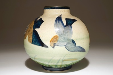 A rare stoneware vase with stylised birds, Charles Catteau for Boch Fr&egrave;res Keramis, ca. 1930