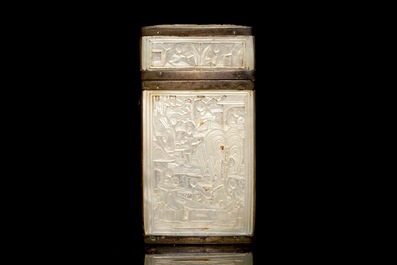 A Chinese mother of pearl cigarette box with relief design, 19th C.