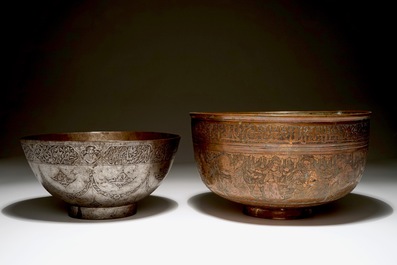 Two Persian engraved tinned copper bowls, prob. Iran, 18th C.