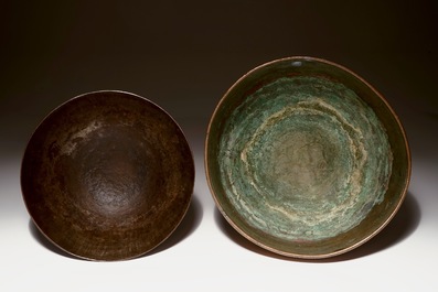 Two Persian engraved tinned copper bowls, prob. Iran, 18th C.