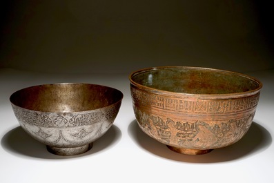 Two Persian engraved tinned copper bowls, prob. Iran, 18th C.