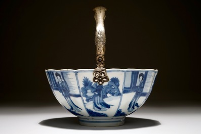 A Chinese blue and white silver-handled bowl with Long Eliza, Kangxi
