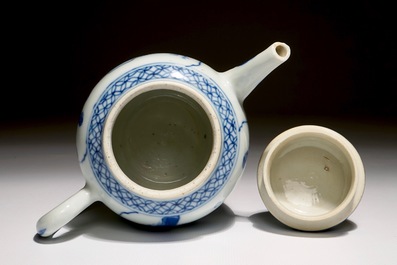 A Chinese blue and white teapot with landscape panels, Kangxi