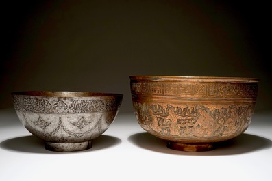 Two Persian engraved tinned copper bowls, prob. Iran, 18th C.