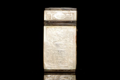 A Chinese mother of pearl cigarette box with relief design, 19th C.