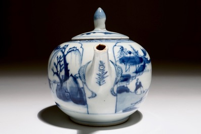 A Chinese blue and white teapot with a sage on a donkey, Kangxi