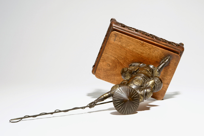 A Japanese bronze model of a fisherman on wooden base, Meiji, signed
