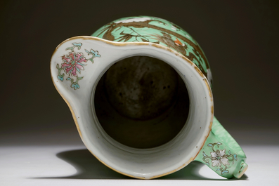 A large Chinese water jug and basin with black dragons on a lime green ground, 19th C.