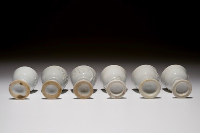 Six Chinese blanc de Chine stem cups with applied floral sprigs, 18/19th C.