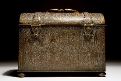 A Qajar style engraved brass box with imaginary creatures, France, 19th C.