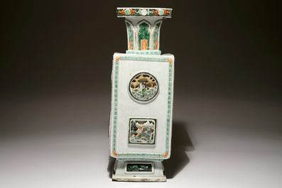 A square Chinese famille verte vase with applied panels, Kangxi