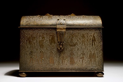 A Qajar style engraved brass box with imaginary creatures, France, 19th C.