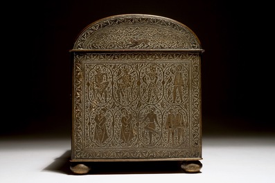 A Qajar style engraved brass box with imaginary creatures, France, 19th C.