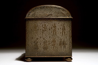 A Qajar style engraved brass box with imaginary creatures, France, 19th C.