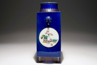 A Chinese famille rose on powder blue ground cong vase, 19th C.