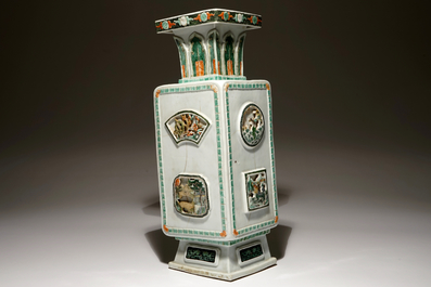 A square Chinese famille verte vase with applied panels, Kangxi