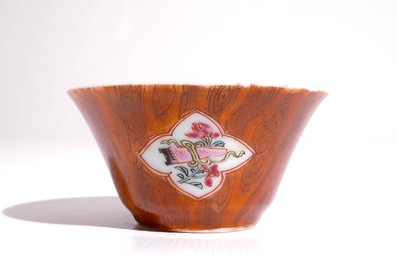 A Chinese famille rose faux-bois cup and saucer, Qianlong