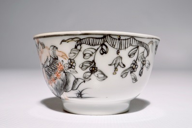 A romantic Chinese grisaille, gilt and iron red cup and saucer, Qianlong