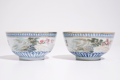 Een paar en een set van drie Chinese kommen met qianjiang cai decor, 19/20e eeuw
